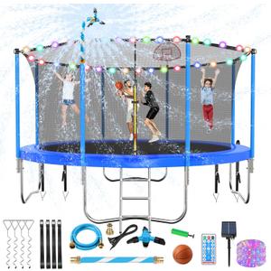 Lyromix Upgraded 16FT 15FT 14FT 12FT 10FT 8FT Trampoline Outdoor with Basketball Hoop and Net, Capacity for 4-6 Kids and Adults (Light Blue)