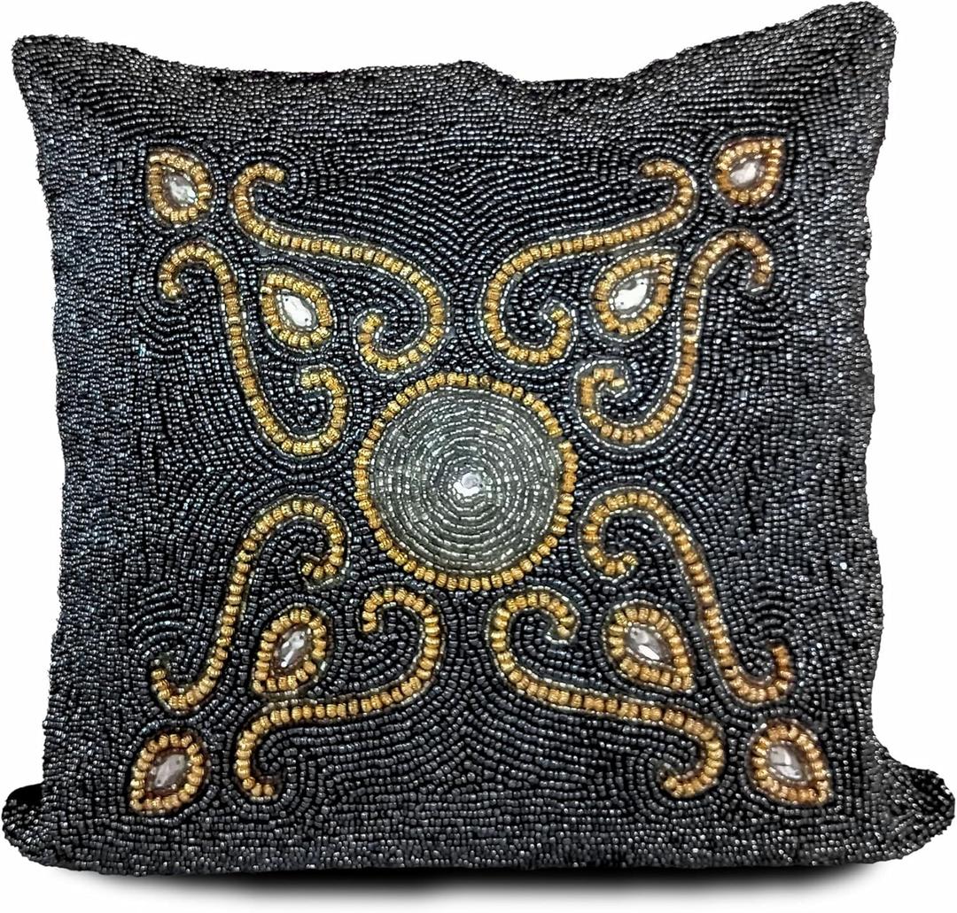 GFI Beaded Pillow Cover 14x14  Navy Gold Cushion Cover with Mini Paisley Design  Handcrafted by Indian Artisans  Elegant Home Dcor Accent for Christmas, New Year, Festivals GFI Beaded Pillow Cover 14x14  Navy Gold Cushion Cover with Mini Paisley Design  Handcrafted by Indian Artisans  Elegant Home Dcor Accent for Christmas, New Year, Festivals