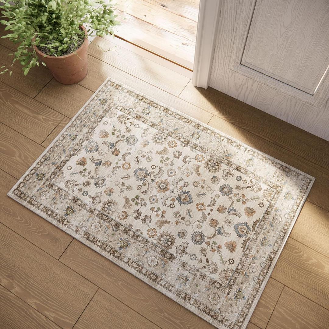 Machine Washable Small Rugs for Kitchen: Door Mat Indoor Entrance 2x3 Entryway Rug Stain Resistant Non-Slip Low Pile Soft Throw Carpet for Front Door Indoor Entrance Entry Bedroom Nursey (Beige White)