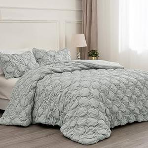 PHF Marshmallow Puff Comforter Set Queen Size, 3 Pieces Ultra Soft Lightweight Bedding Set for All Season, Pattern Textured 1 Comforter with 2 Pillow Shams, Light Grey