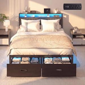 Queen Bed Frame with 2 Drawers, Platform Bed Frame with LED Lights and Charging Station, Upholstered Headboard, Heavy Duty Metal Slats, No Box Spring Needed, Noise Free, Easy Assembly