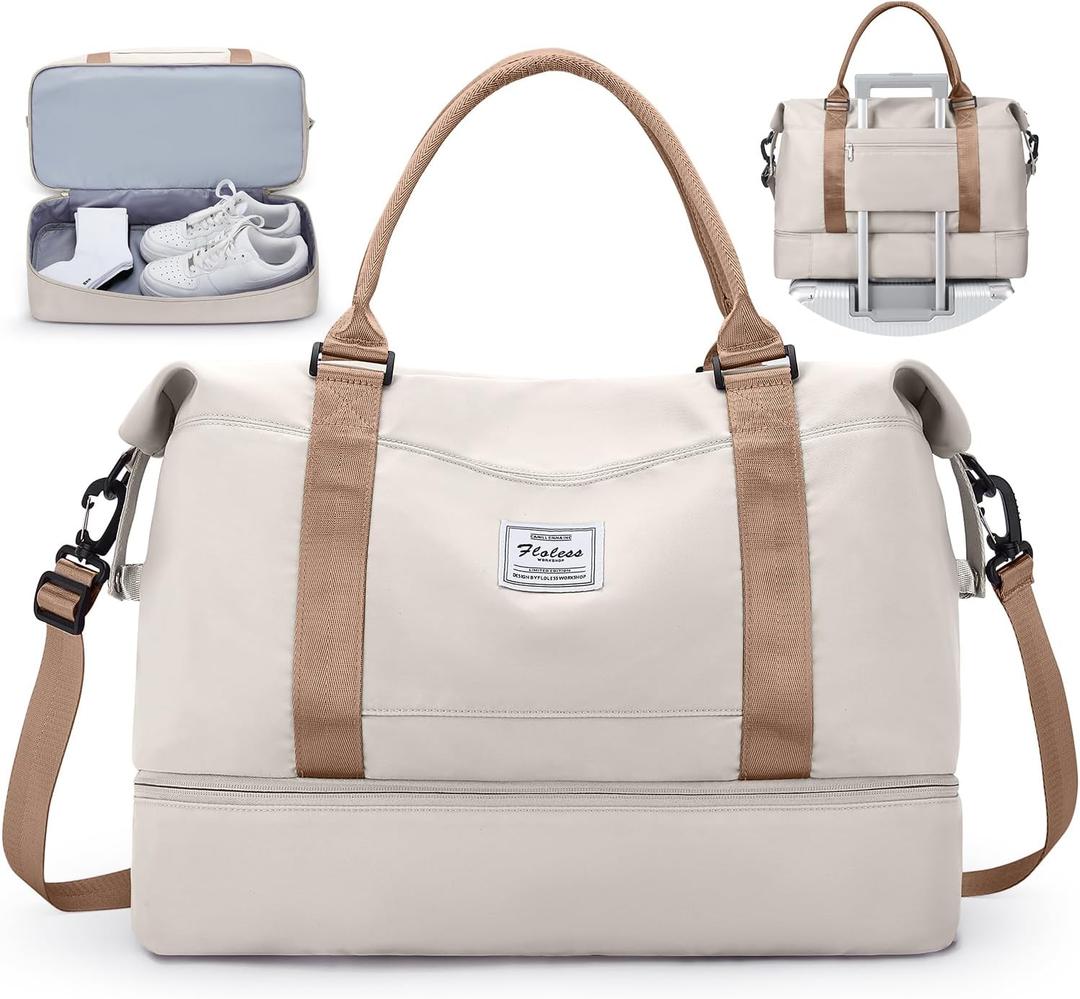 Travel Duffel Bag with Shoes Compartment, Overnight Weekender Bags for Women, Carry on Personal Item Bag (Large, A-Beige & Brown)
