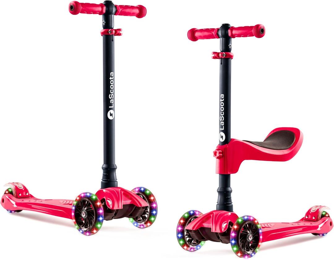Lascoota 2-in-1 Kids Kick Scooter with Seat, 3 Wheel Scooter, Red