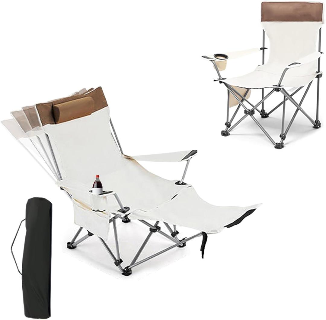 2 in 1 Folding Camping Lounge Chair with Removable Footrest,Picnic Chair,4 Height Adjustments Portable Reclining Camping Chair with Storage Bag & Cup Holder White