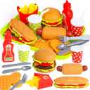 FINGOOO Pretend Play Food Set, Hamburger Fries Pizza Popcorn Toys Role Play Take Apart Educational Gift for Kids Boys Girls