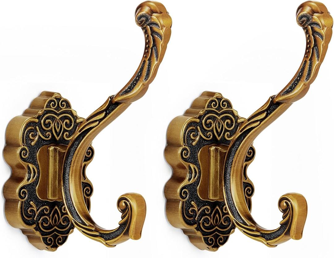Zonon 2 Pcs Antique Gold Wall Hooks Set Vintage Coat & Towel Hooks for Entryway, Bathroom, Bedroom Decorative Heavy Duty Wall Mounted Unique French Country Curtain Holder for Keys, Hats Bags, Clothes