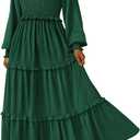 PRETTYGARDEN Fall Dresses for Women 2026 Long Sleeve Smocked Square Neck Swiss Dot Tiered Flowy Wedding Guest Maxi Dress (XX-Large, Dark Green)