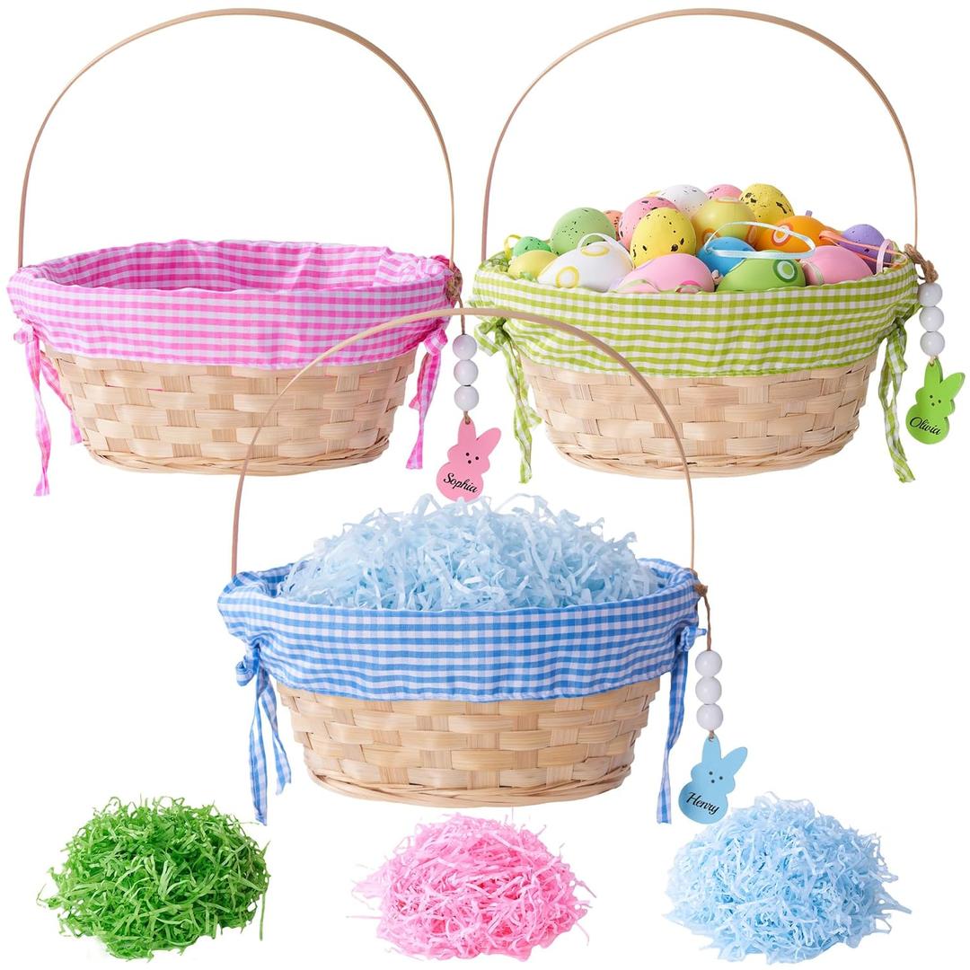 Easter Baskets for Kids, 3 Pcs Large Personalized Wicker Bamboo Easter Basket Empty with Handle, Basket Tags, Pink, Blue, Green Woven Rope Egg Easter Baskets Gifts for Boys Girls Babies Toddler