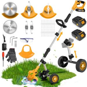 20000 RPM Electric Weed Wacker Cordless, 3-in-1 Weed Eater Cordless with Battery Powered, Lawn Mower/Grass Trimmer/Lawn Edger with 3 Types Blades, Battery Weed Wacker with Wheels (2 Battery, Yellow)