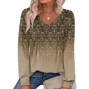 Alaroo Womens Long Sleeve Shirts Pleated V Neck Curved Hem Fall Winter Tunic Tops Blouses Print (M)