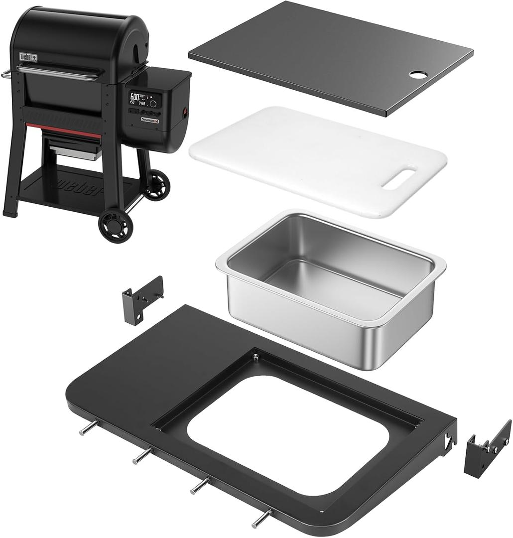 Utheer Front Folding Grill Table for Weber Searwood 600 23" x 12.5" Large Front Shelf with Stainless Steel Basin, Works Cutting Board, Lid & 5 Hooks, Heavy-Duty Weber Searwood 600 Accessories