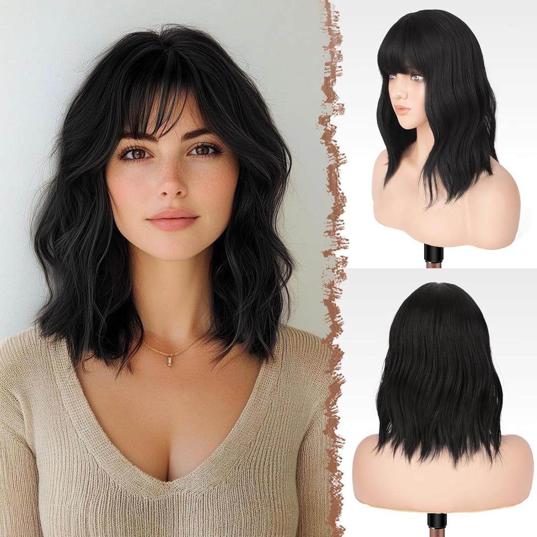 FESHFEN Shoulder Length Wigs with Bangs - Black Brown Natural Looking Wavy Medium Length Synthetic Hair Bob Wig for Women Daily Party Use, 14 inch