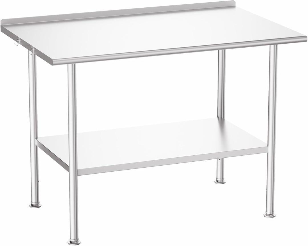 All-Stainless Steel Prep Table, 30 X 48 Inches, with Rounded-Corner Backsplash and Adjustable Undershelf, Heavy-Duty for Outdoor Use,Restaurants,Hotels,Workshops,Kitchens,Gardens, and Garages