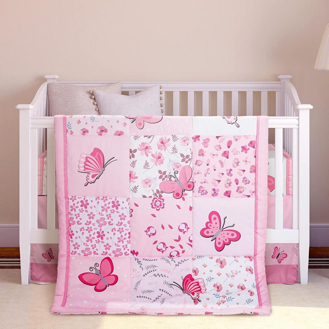 Tudomro 3 Pieces Butterfly Nursery Crib Bedding Set for Girls, Standard Size Bedding Sets with Comforter Fitted Sheet Crib Skirt(Pink)