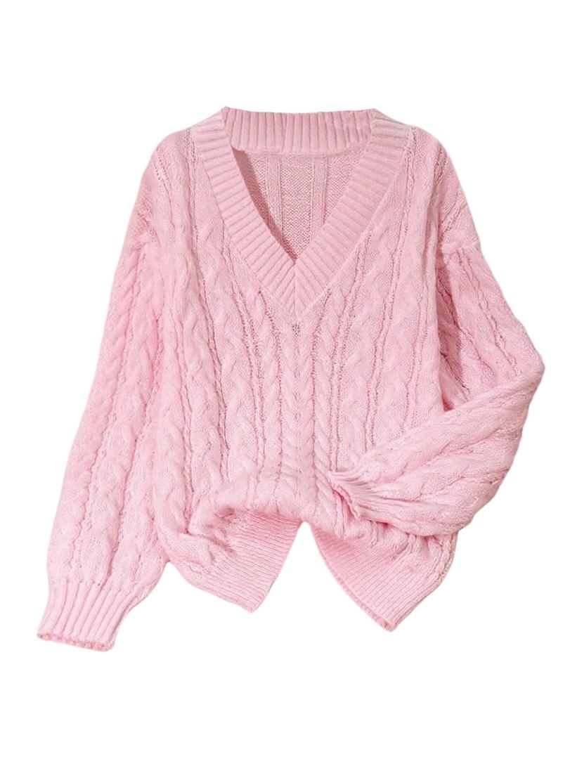 GORGLITTER Women's Cable Knit Chunky Sweater V Neck Long Sleeve Cozy Pullover Jumper Top Pink XX-Large