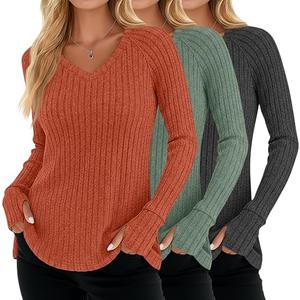 Oakgarden 3 Pack Women's V Neck Sweaters with Thumb Holes Ribbed Long Sleeve Shirts Casual Fall Tops Tunic Clothes ,XL