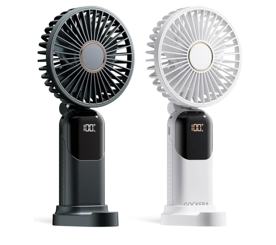Portable Fan, 4200mAh Battery Operated Fan, 5 Speeds&Digital Display, Makeup Fans for Women with Base, 180°Foldable 3in1 Handheld/Neck/Desk Fan for Outdoor Indoor,Ultra Quiet (Black white)