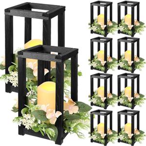 Hushee 30 Pcs Wooden Wedding Lantern Centerpiece Integrated Holders with Candles and Wreaths Rustic Wooden Candle Lantern Decor for Wedding Party Table Valentine Decor (Black)