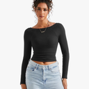 SUUKSESS Women Spring Modal Ribbed Top Boat Neck Long Sleeve Shirts Basic Going Out T Shirts M