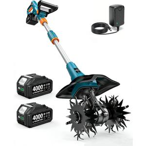 Seesii Cordless Tiller Cultivator, 20V Electric Tiller for Gardening with 2 x4.0Ah Batteries, 9" Tilling Width 6.6" Depth, Lightweight Adjustable Handle Rototiller for Lawn, Weeding & Soil Cultivation