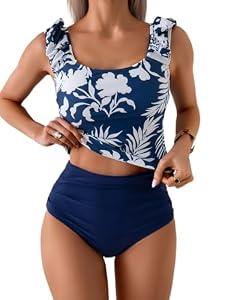 Eomenie Tankini Swimsuits for Women Tummy Control Ruched Bathing Suit Two Piece Swim Tank Top with High Waisted Bottom (S)