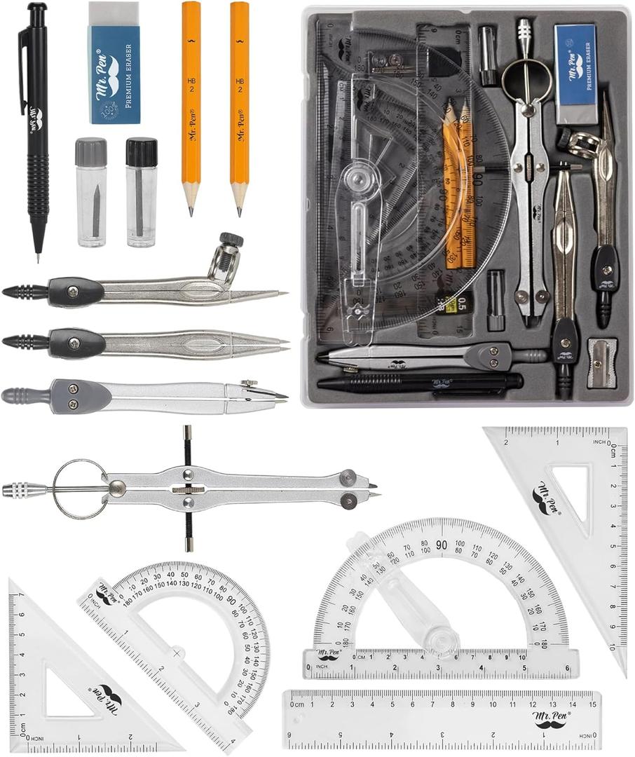 Mr. Pen Geometry Set with 6 Inch Swing Arm Protractor, Divider, Set Squares, Ruler, Compasses and Protractor, 15 Piece Set (Classic Slate)