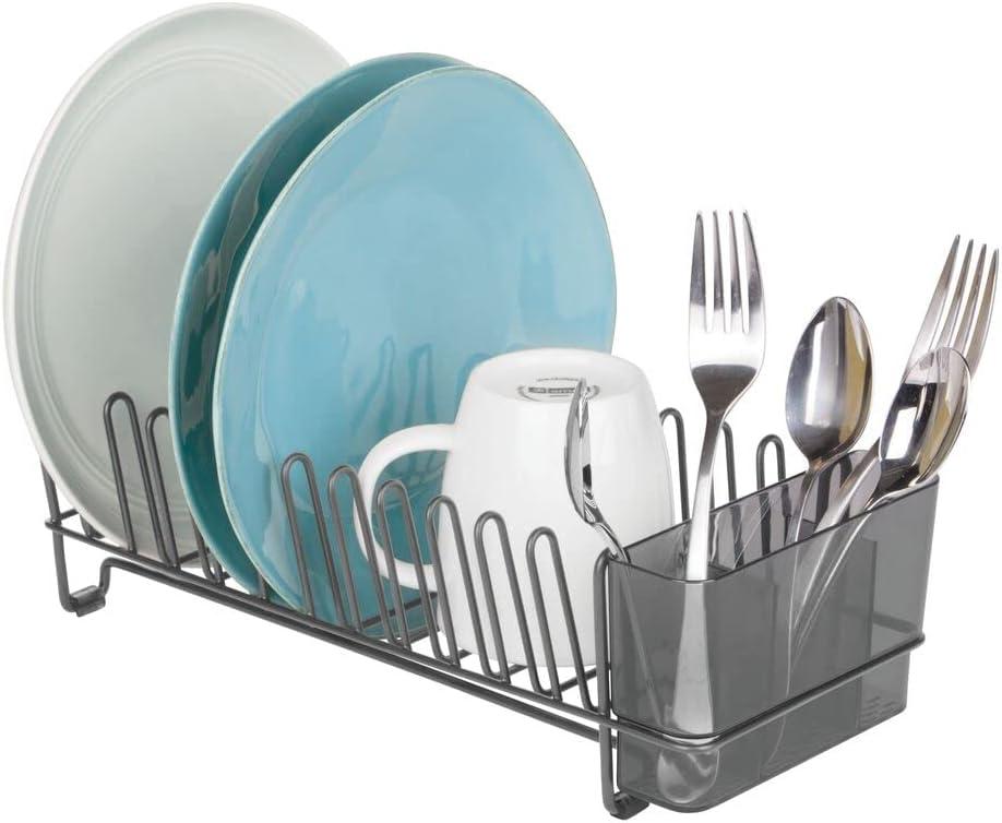 mDesign Steel Compact Dish Drying Rack w/Removable Cutlery Tray, Caddy, Dish Drainer, Rack for Kitchen Counter, Sink; Holds Dishes, Utensil, Board; Concerto Collection, Graphite Gray/Smoke Gray (Graphite/Smoke)