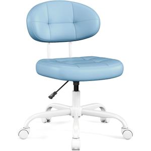 Misolant Vanity Chair with Back, Small Armless Cute Office Chair with Wheels and Lumbar Support, Comfy PU Leather Desk Computer Chairs with Adjustable Height, 360Swivel for Home Bedroom Office, Blue
