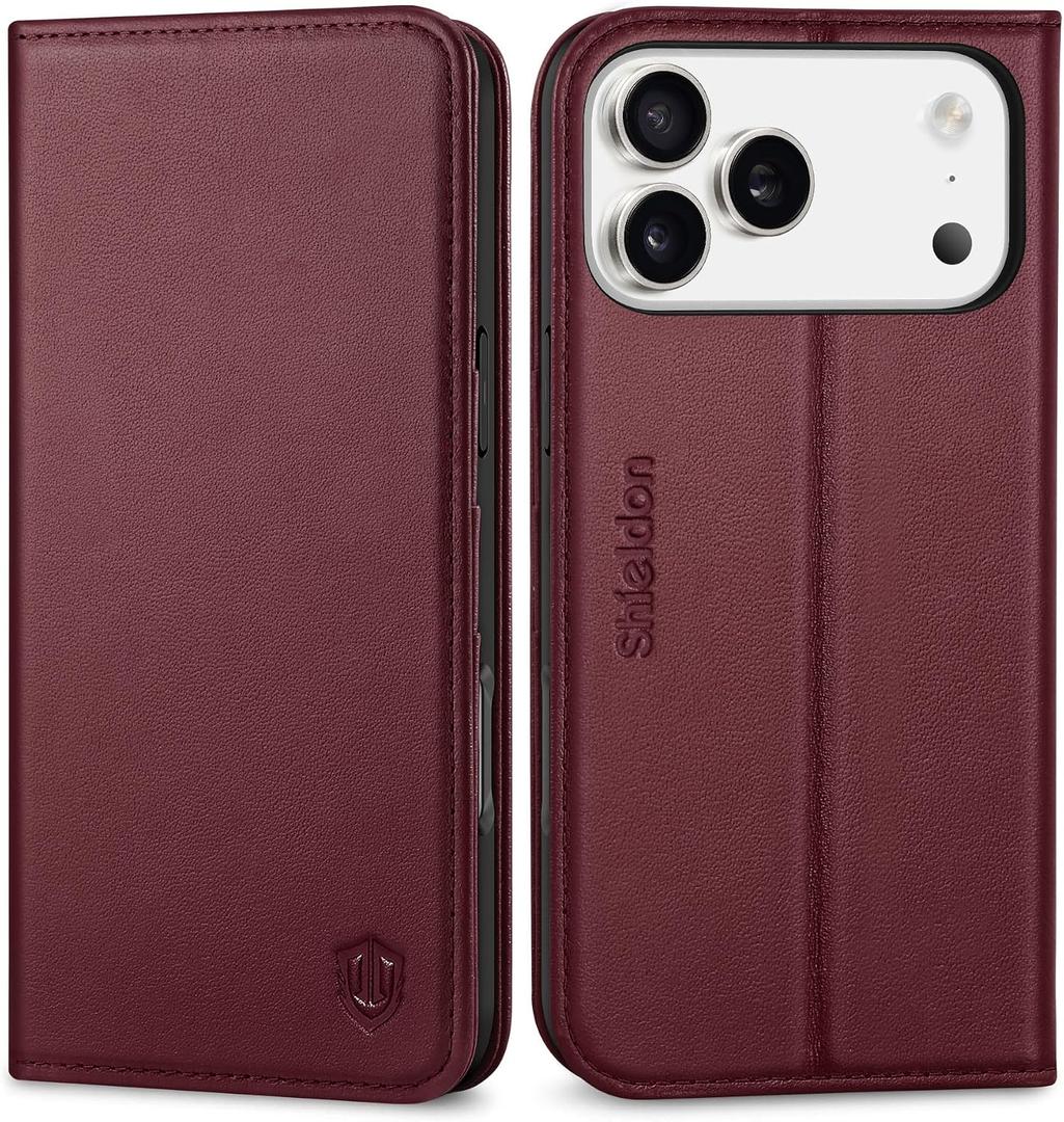 SHIELDON Wallet Case for iPhone 17 Pro Max 6.9" 2025 | Genuine Leather, RFID Blocking Credit Card Holder, Flip Design, Kickstand, Magnetic, Soft TPU Shock-Absorbent Cover - Wine Red