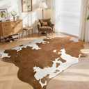 DweIke Faux Cowhide Print Rug for Living Room, 3 x 4 ft Brown Western Animal Cow Hide Rugs, Non Slip Cool Cow Skin Carpet for Bedroom Dining Room Farmhouse Entrance Home Decor, Tan