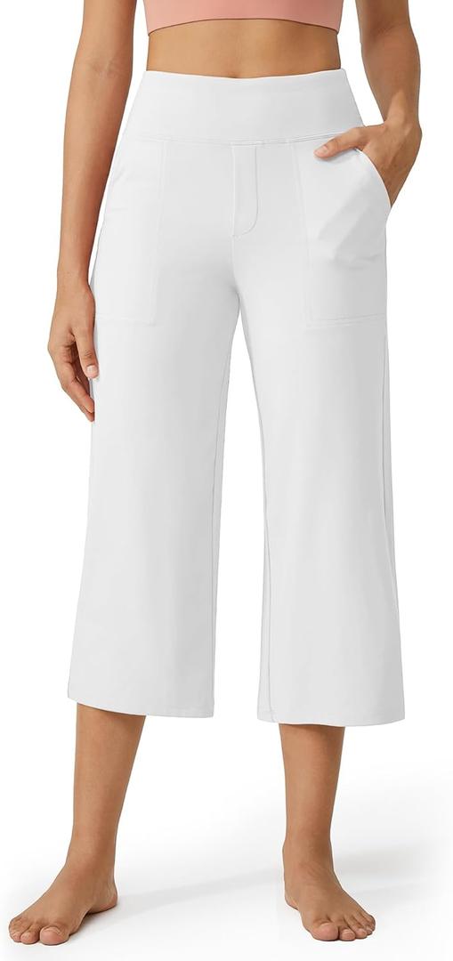 G4Free Capri Pants for Women Wide Leg Yoga Dress Cropped Pants Capri Leggings with Pockets for Casual Summer L