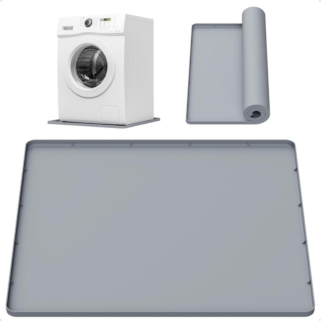 Washing Machine Drain Pan 27''x27'' with 0.78'' Raised Edges,Leak-Proof Silicone Mat,Non-Slip & Waterproof Washer Drain Tray for Floor Protection,Washer Dryer,Gray
