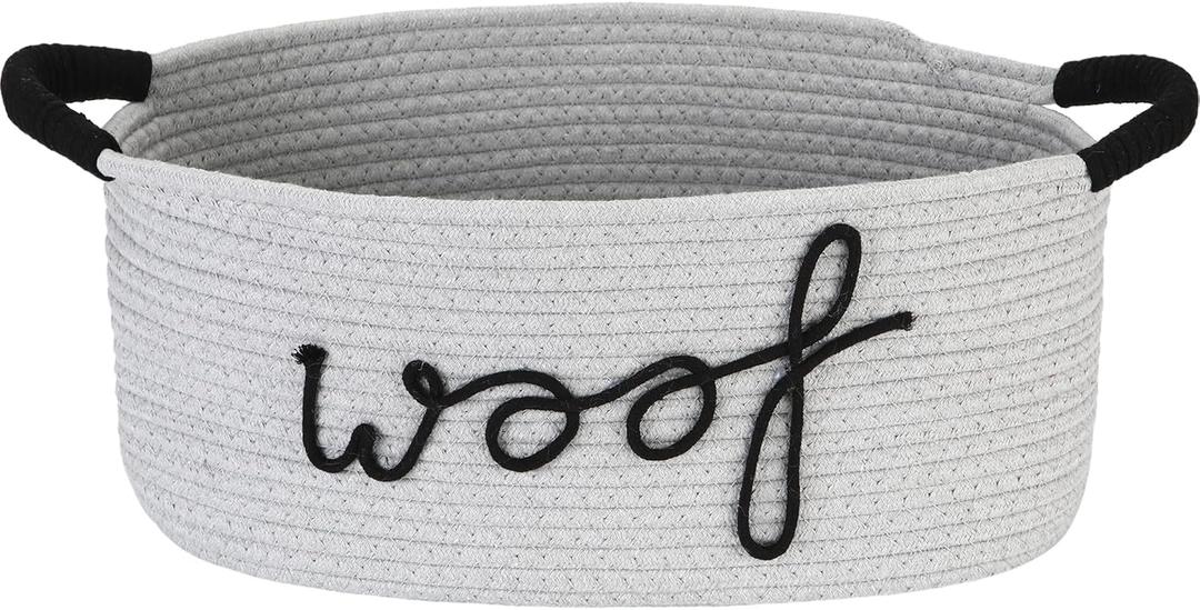 Sea Team Dog Toy Storage Basket with Handles, 16.5 x 11 x 7 Inches, 4.4 Gallons Large Cotton Rope Storage Bin, Shelf Basket, Organizer for Pet Chew Toys, Foods, Grey Woof