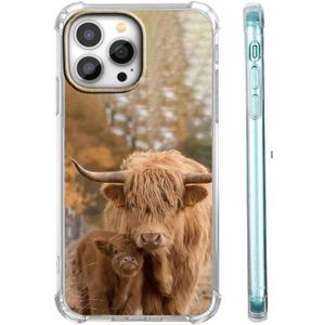 Case for iPhone 15 Pro Max with Cow Design,Cute Highland Cattle Family Pattern for Men Women,Clear Slim Soft TPU Bumper Case,6.7”(Cow,15pm)