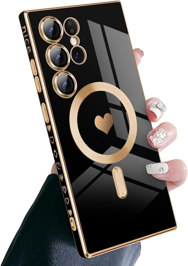 Newseego for Samsung Galaxy S24 Ultra Magnetic Case, Luxury Cute Love Heart Design Plating Edge Case for Women Girls Soft TPU Shockproof Camera Lens Protector Case for Samsung Galaxy S24 Ultra-Black