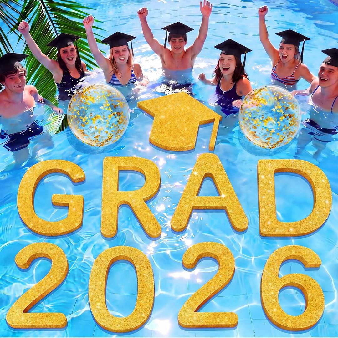 Sumind 11 Pcs Grad 2026 Pool Floating Letters, Gold Glitter EVA Foam Graduation Pool Party Decorations with Grad Cap and Beach Ball, Congrats Graduation Prom Photo Props, 12 x 16 Inches