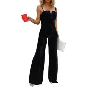 xxxiticat Women's Sleeveless Velvet Jumpsuit Elegant V Neck Backless Spaghetti Strap Wide Leg One Piece Overall Outfit (Black, M)