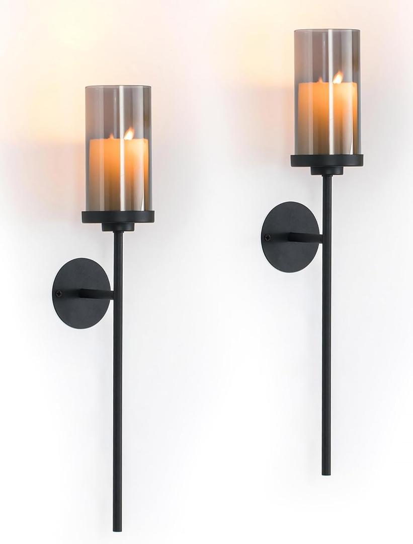 Black Wall Candle Holder Decor: 22 Inch Metal Long Candle Sconces with Smokey Grey Hurricane Modern Minimalist Decoration for Hallway Living Room Beside Fireplace TV