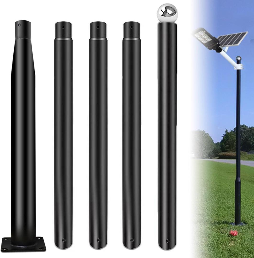 Street Light Pole 16ft Tall - Black Outdoor Adjustable Metal Street Lamp Post for Lights with Rebar Cage and Expansion Bolt