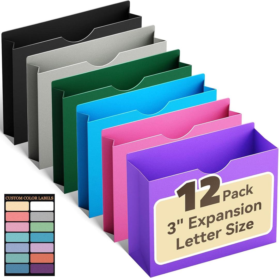 ANSOOK Manila File Jackets & File Pockets Letter Size,Reinforced Straight Cut Tab,Heavy Duty 3" Expansion Manila Folders,12 Pack Job Folder File Jackets Designed for Use in Standard Hanging Files (Colored)