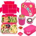Bento Lunch Box Set for Kids with 10oz Thermo Food Jar, Leak-Proof Lunch Containers with 6 Compartment, Nylon Preppy Lunch Bag with Adjustable Strap for Girls School Travel Picnic