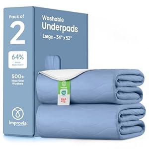 IMPROVIA Washable Underpads, 34" x 52" (Pack of 2) - Heavy Absorbency Reusable Incontinence Pads for Kids, Adults, Elderly, and Pets - Waterproof Protective Pad for Bed, Couch, Sofa, Furniture, Floor