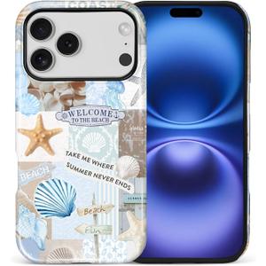 Case Compatible with iPhone 17 Pro, Cute Dual Layer Hybrid Phone Cover, Military Grade Drop Protection, Aesthetic Shockproof Phone Case for Women Girls, Boho Beach Summer Collage