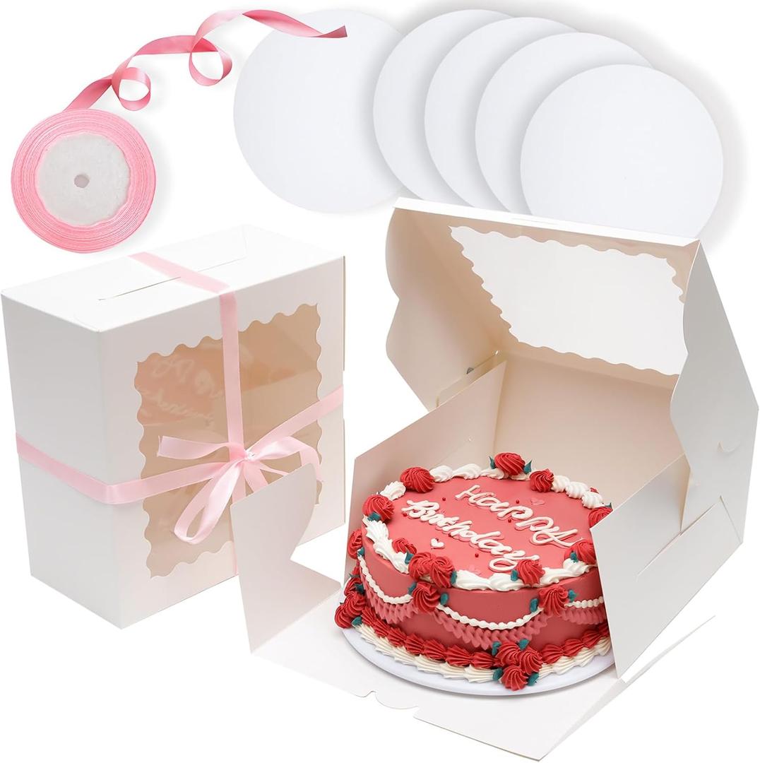 Bakepacker 36pcs 10x10x5 inches Cake Boxes with Window 18-Packs 10 Inch White Bakery Boxes (18 Cake Boxes +18 Cake Boards+10 Meters Silk Ribbon Includes Included)