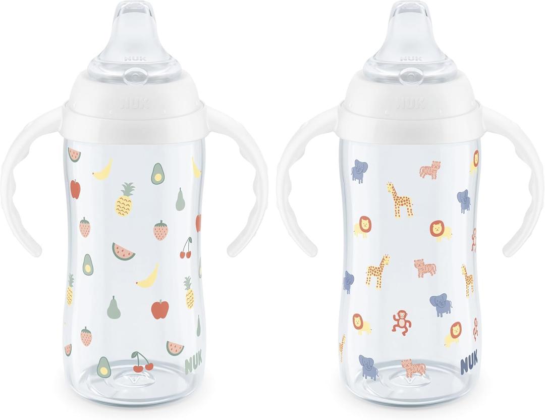 NUK Learner Cup, 8+ Months, Fun Fruits and Animals, 10 Oz, Pack of 2, BPA-Free, Soft Spout, Spill Proof Sippy Cup