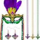 2 x Yukee Mardi Gras Mask W/Mardi Gras Beads Earrings Accessories for Women, Feathers Mardi-Gras Masks Masquerade Mask W/Mardi-Gras Beads Necklaces Fleur De Lis Earrings Jewelry for Carnival Party Parade