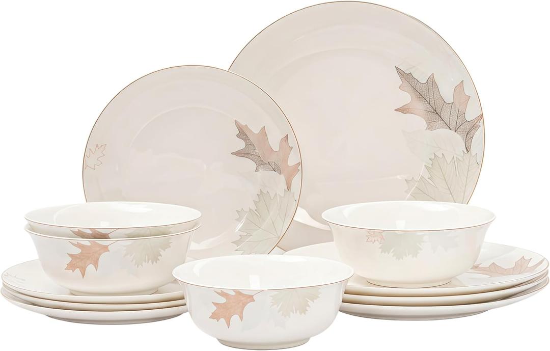 FHGNYSM Artistic Bone China Dinnerware Set with Gold Trim, Crafted with Traditional Chinese Artistry, Glazed Inner Patterns, Service for 4 – Maple Leaf Collection