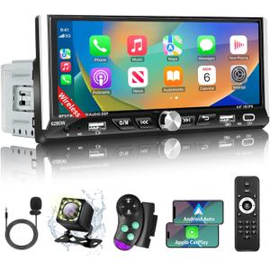 Single Din Touchscreen Car Stereo with Wireless Apple Carplay Android Auto, 6.9" HD IPS Touch Screen Car Stereo with Bluetooth 5.2, Mirror Link, Backup Camera Navigation Dual USB & Charge FM AM EQ SWC