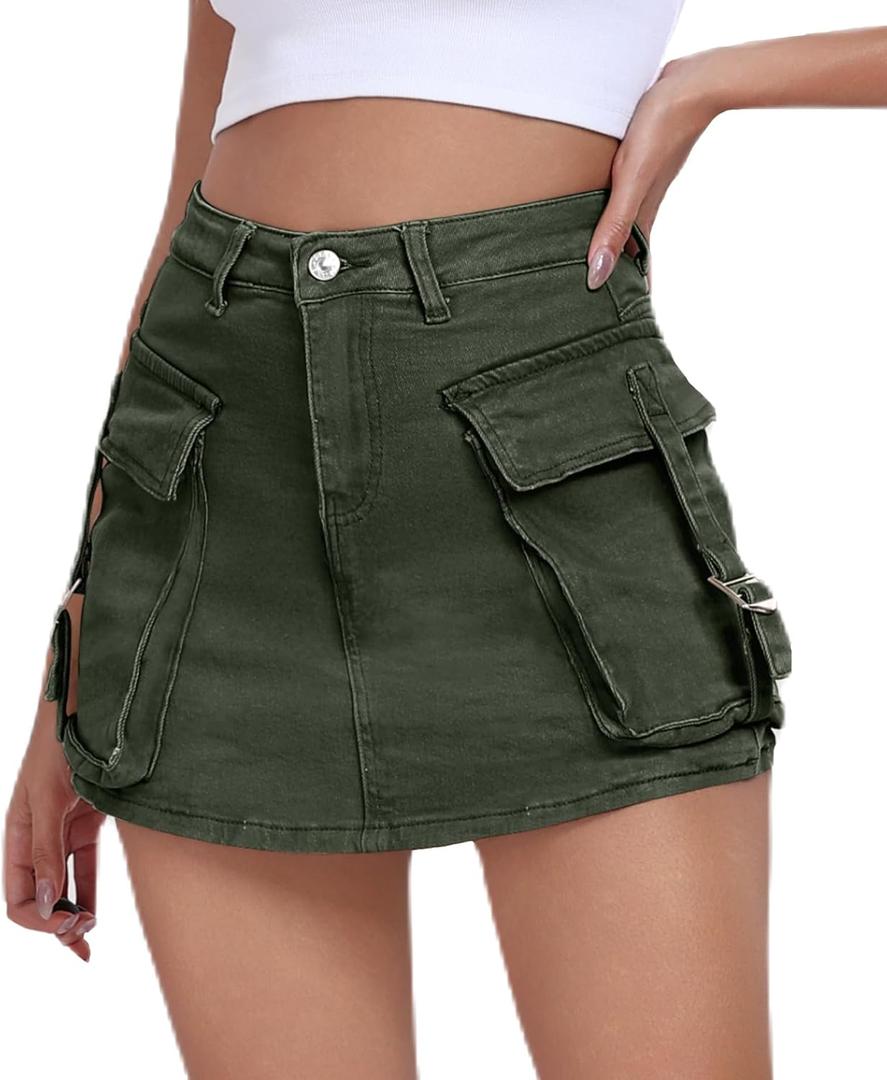 Women's Cargo Skort High Waisted Cargo Shorts Button Bodycon Mini Y2K Denim Cargo Skirt Shorts with Pocket (Army Green, Small)