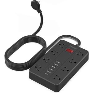 10 Ft Extension Cord Surge Protector, SMNICE 8 Widely Spaced Outlets and 6 USB (1 USB C) Charging Ports Flat Plug Power Strip, Desktop Power Cord for Travel Home Office Accessories Black